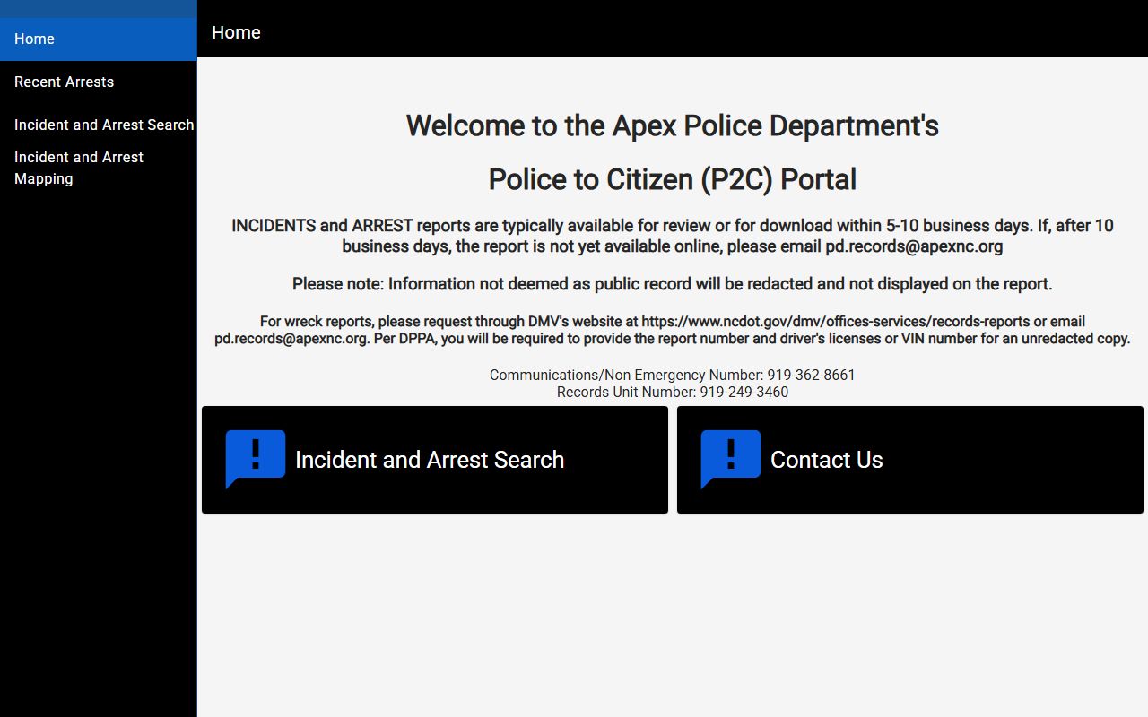 Apex Police Department P2C portal for searching Apex police records