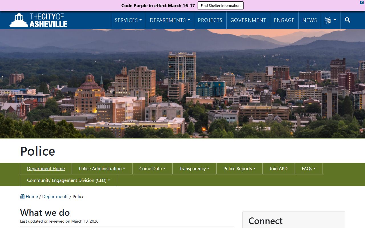 Asheville Police Department homepage for Asheville police records