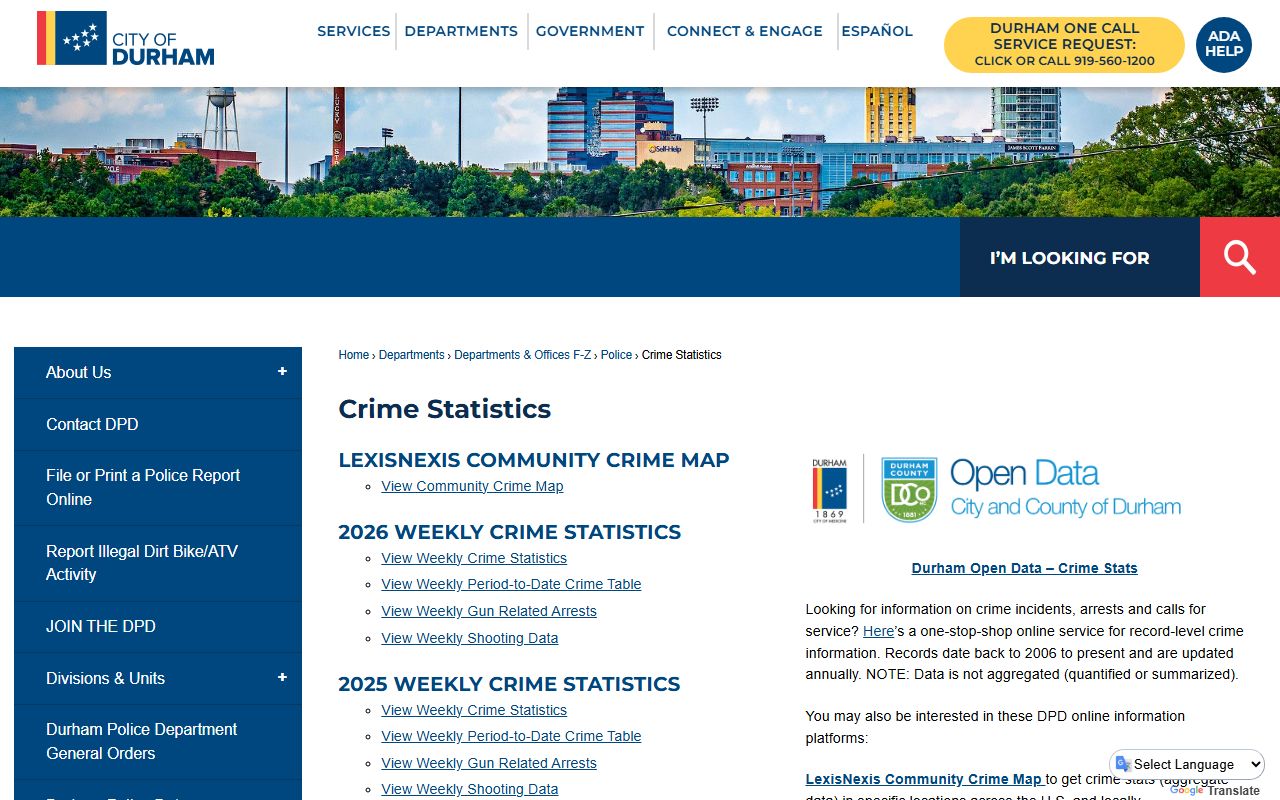 Durham crime statistics page for Durham police records research