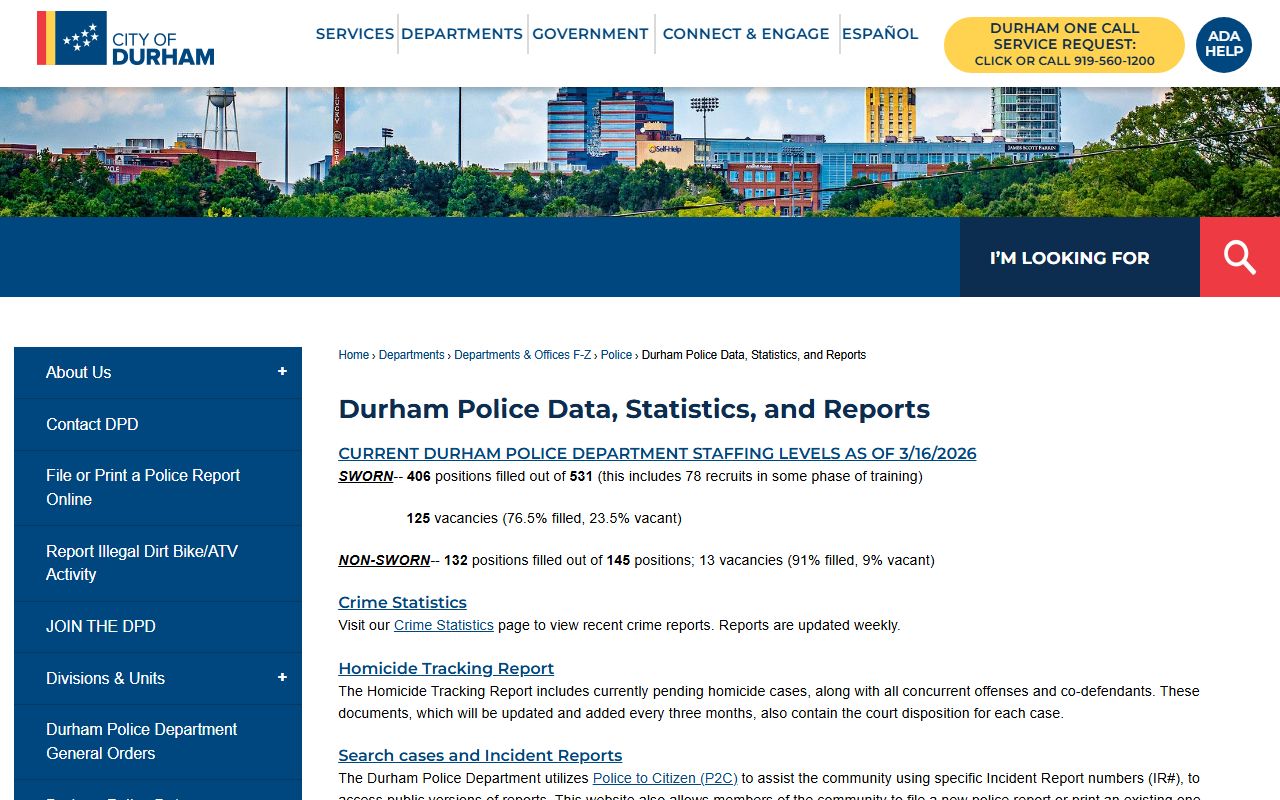 Durham Police Department data portal for Durham police records and statistics