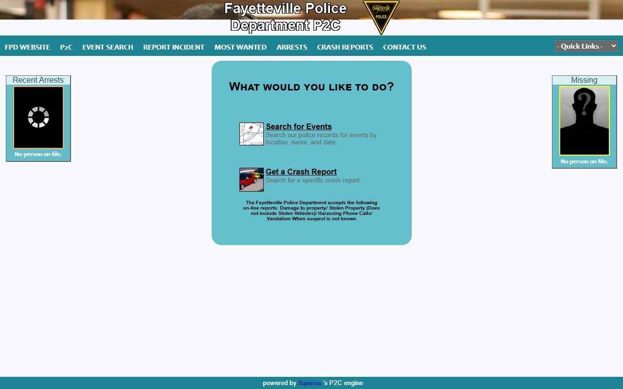 Fayetteville Police Department P2C portal for Fayetteville police records