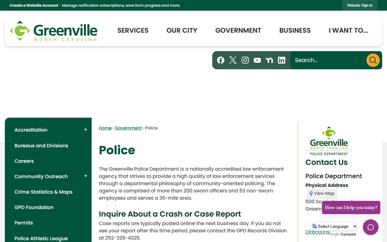 Greenville Police Department homepage for Greenville police records