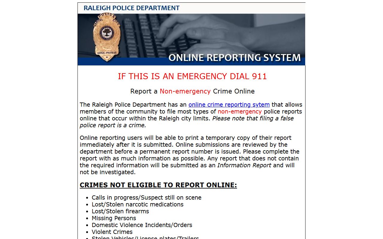 Raleigh Police Department online crime reporting system for Raleigh police records