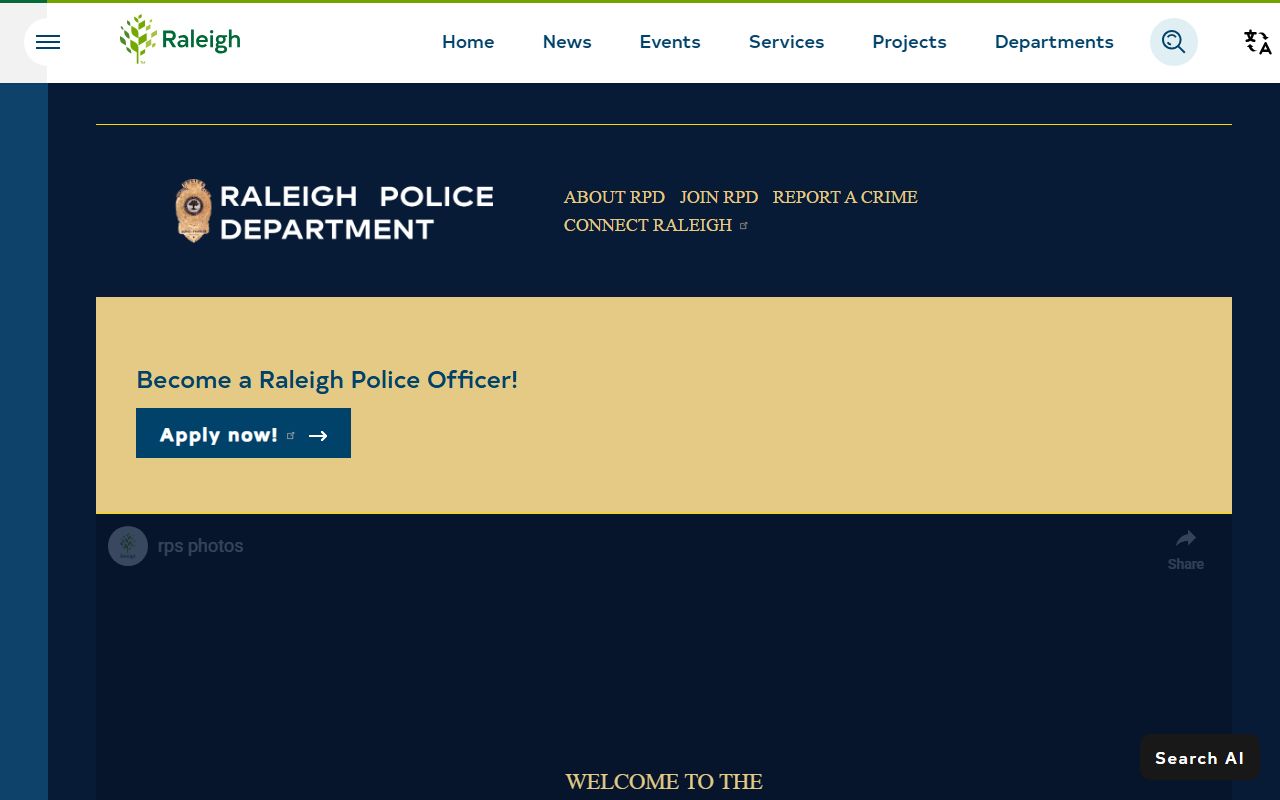 Raleigh Police Department homepage for accessing Raleigh police records
