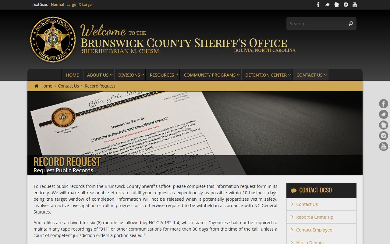 Brunswick County Sheriff record request page for police records
