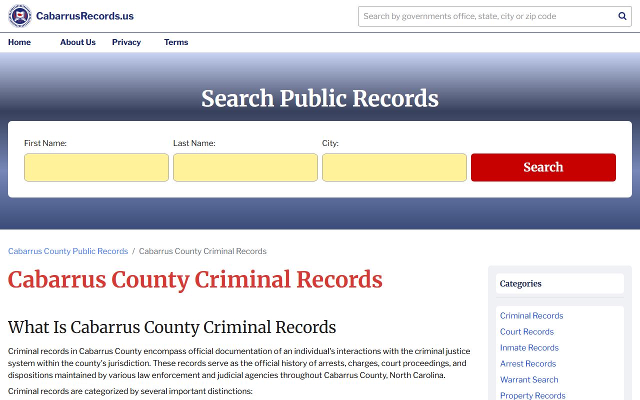 Cabarrus County police records criminal records search page