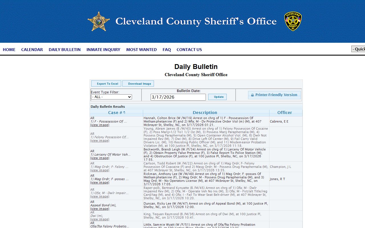 Cleveland County police records daily bulletin page