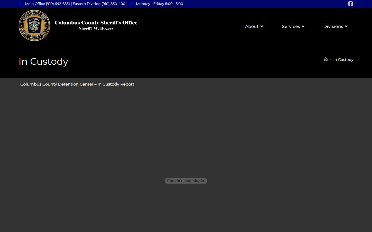 Columbus County police records in-custody report page