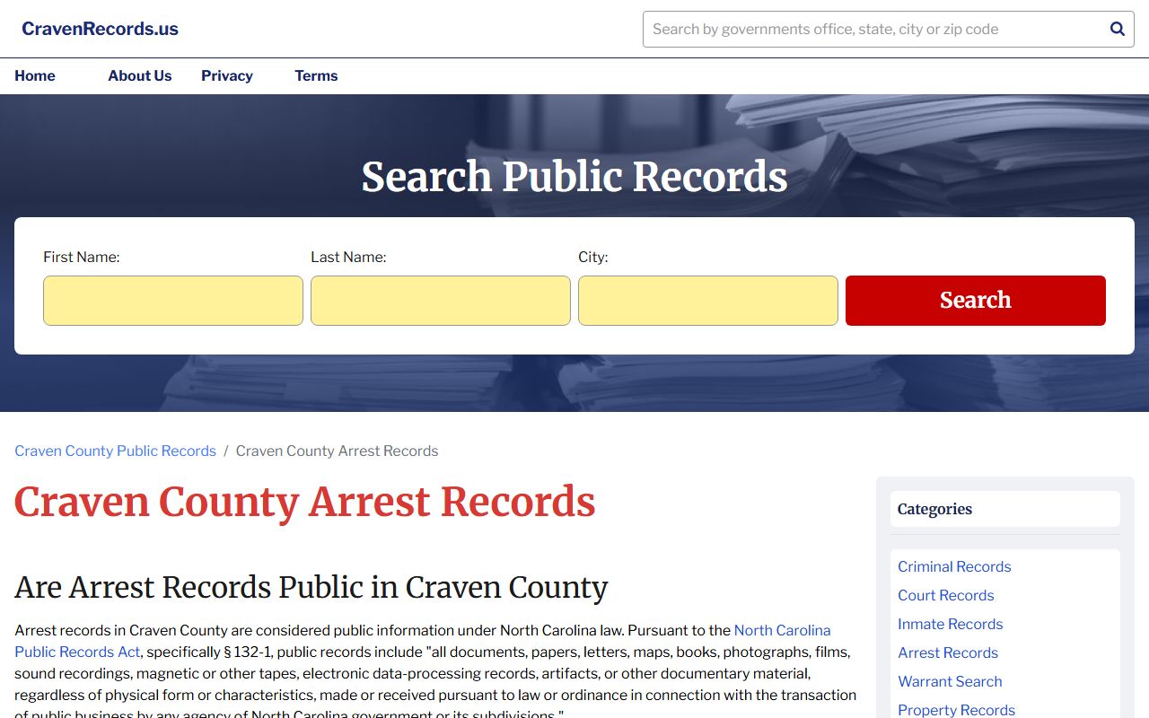 Craven County police records arrest records search page