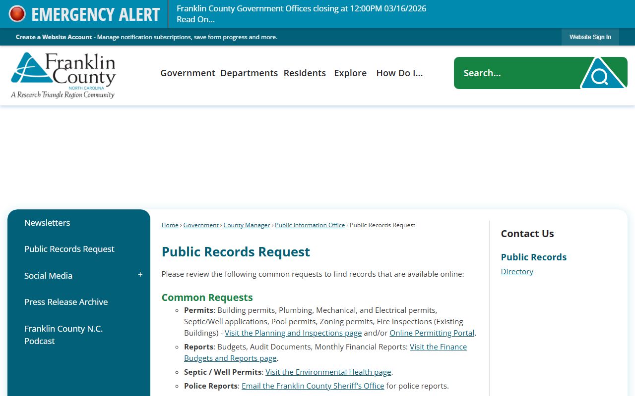 Franklin County public records request page for police records