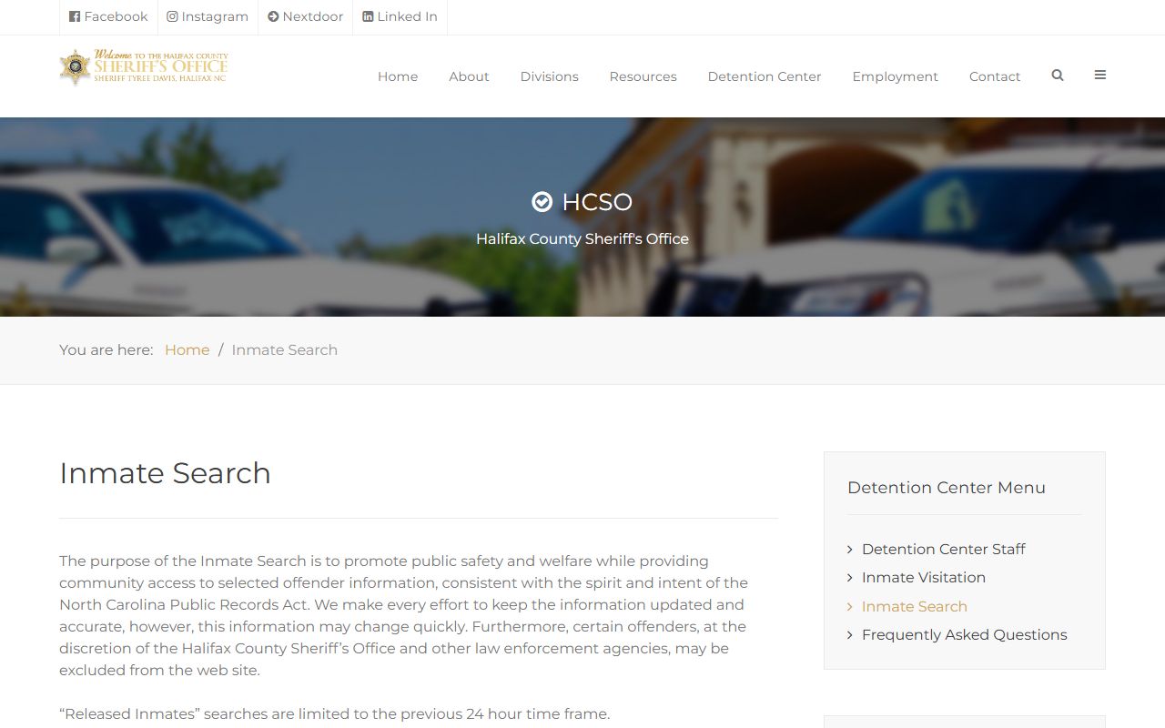 Halifax County Sheriff inmate search page for police records