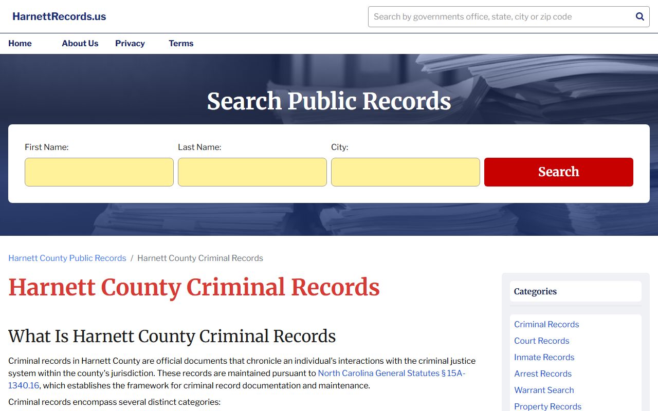 Harnett County criminal records information page for police records