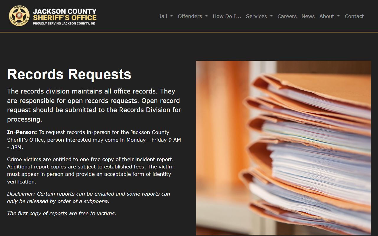 Jackson County Sheriff's Office records page for police records