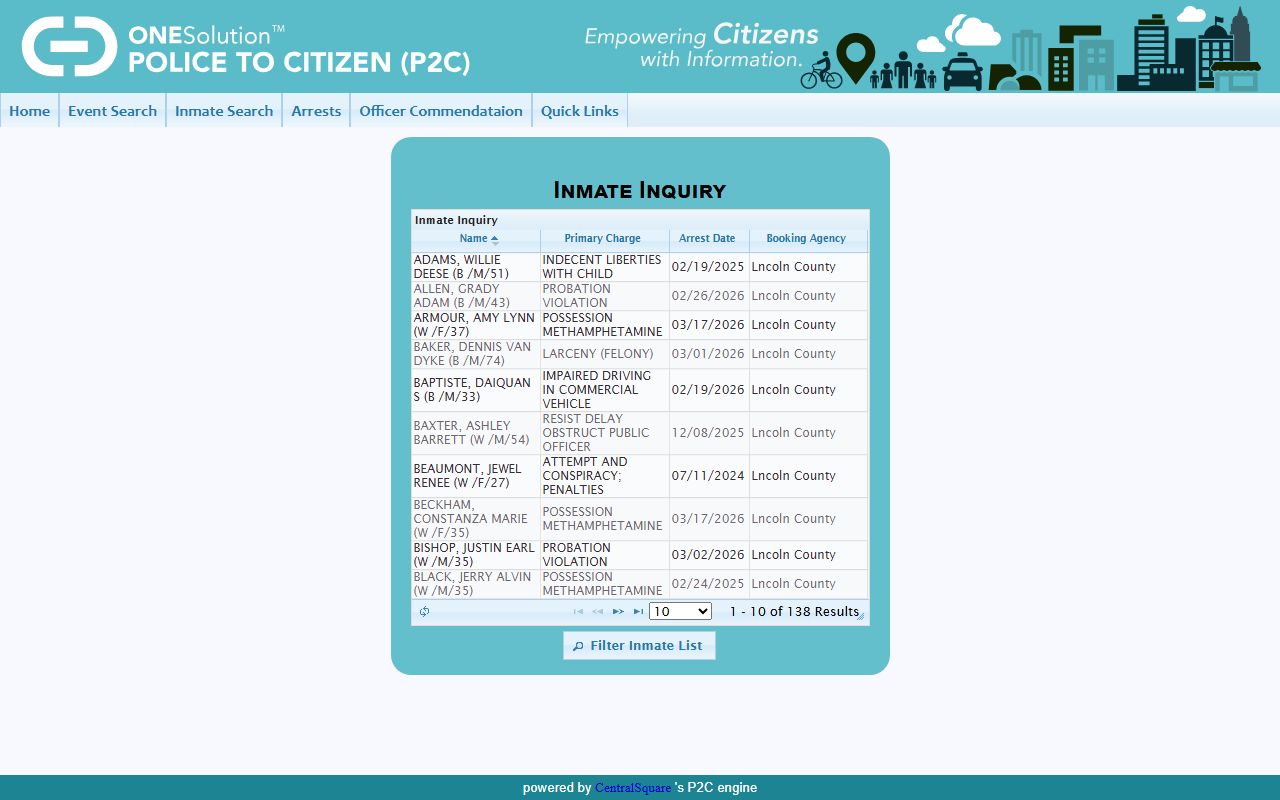 Lincoln County Sheriff P2C inmate inquiry for police records