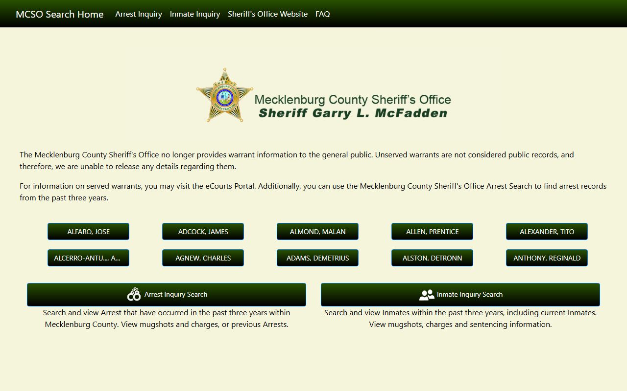 Mecklenburg County Sheriff arrest inmate warrant search for police records