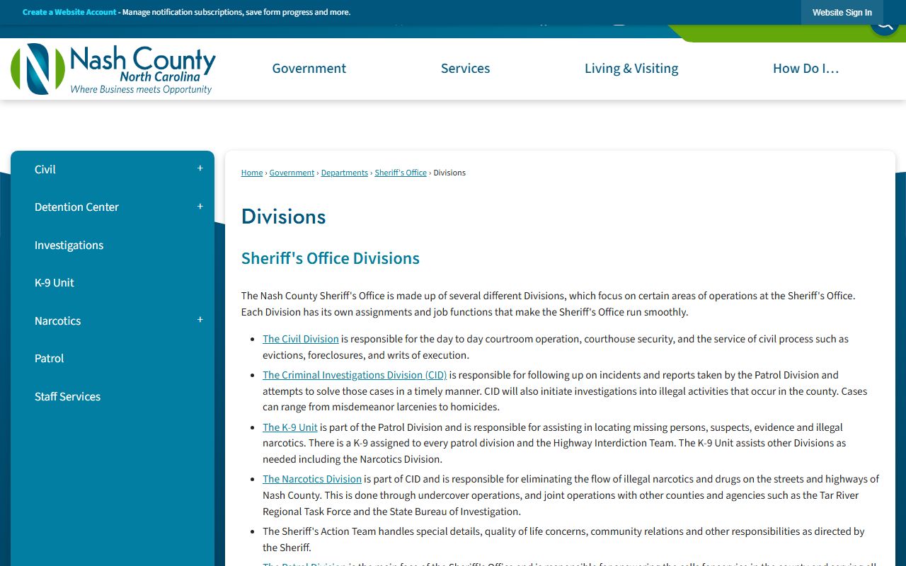 Nash County Sheriff's Office divisions page for police records