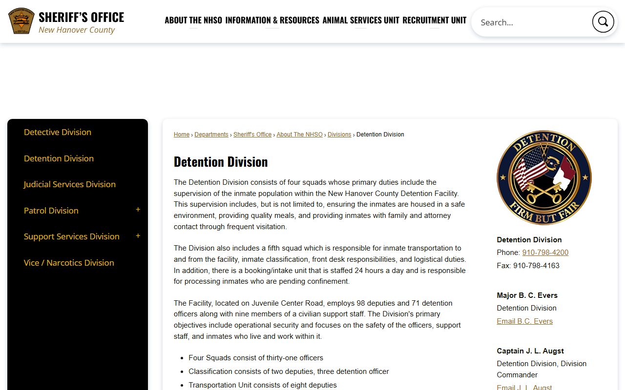 New Hanover County Sheriff's Office detention division for police records