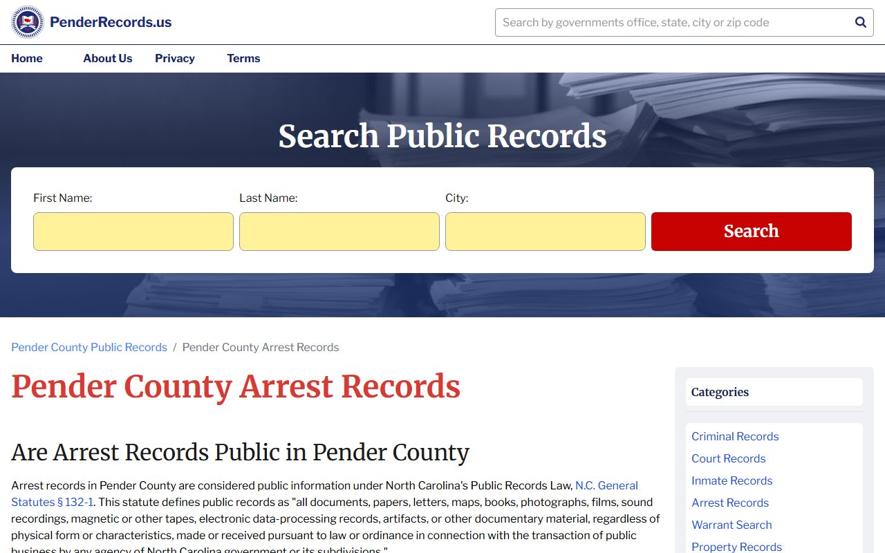 Pender County arrest records information page for police records