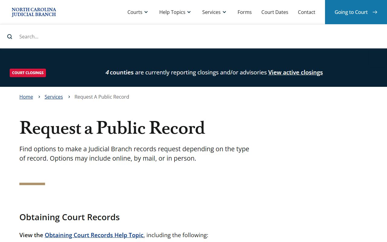 North Carolina Courts public records request page for police records