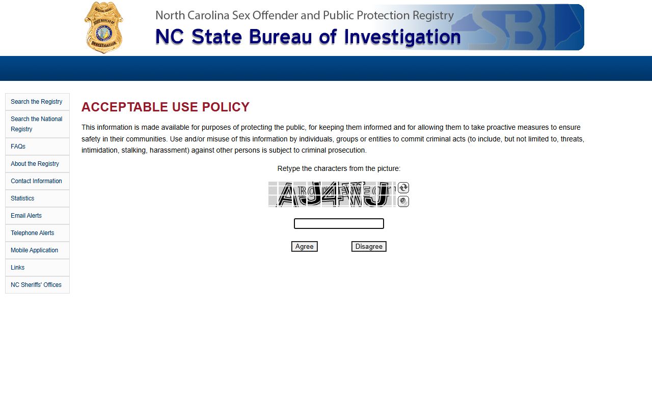 North Carolina Sex Offender Registry search portal for police records